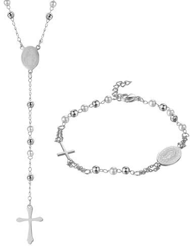 Flongo 2 Stücke Rosenkranz Armband Halskette: Schmuck Set mit Kreuz Anhänger Katholische Jungfrau Maria Silber Weiß Rosenkranz Edelstahl Verstellbares Armkette Kette Religiöser Schutz Virgin Mary