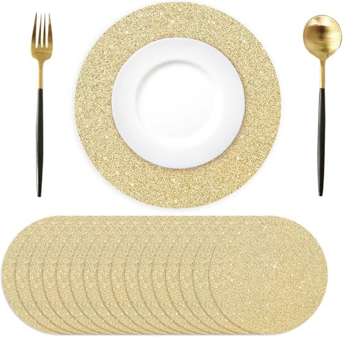 50 Pieces Gold Paper Placemats, Round 13.4 Inch Disposable Glitter Table Mats Decorative Place Mats for Dinning Table Wedding Banquet Home Banquet Christmas New Years Festive Party Birthday Holiday