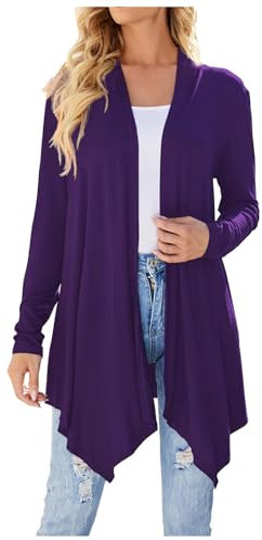 Cardigan da donna a maniche lunghe autunnale leggero aperto davanti drappeggiato medio lungo cappotto asimmetrico invernale cardigan donna, Viola scuro, L