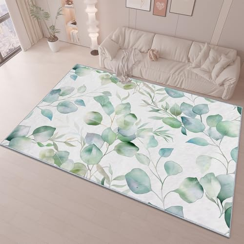 Teppich 80x150 cm für Wohnzimmer und Schlafzimmer Moderne Deko Aquarell Eukalyptus BläTter GrüN Flauschiger und Rutschfester Waschbar Kurzflor Teppich Weiß, Faltbare weiche Kindermatte