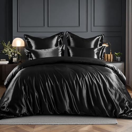RUIKASI Satin Bettwäsche 200x200 Schwarz - Seidig Luxus Bettbezug mit Glanz wie Seiden Bettwäsche Set für Haar und Haut, Glänzend Bettwäsche 200x200cm mit Reißverschluss und Kissenbezug 80x80cm