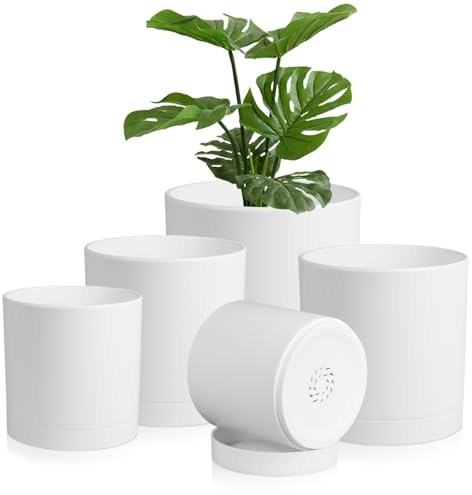 Homeuouz 5 Pack Plastic Plant Pots,17.5/15/14/12.5/10CM,Flower Pot Large Plant Pots Indoor Outdoor Plastic Plant Pot with Drainage Holes and Tray for House Plant Flower(White)