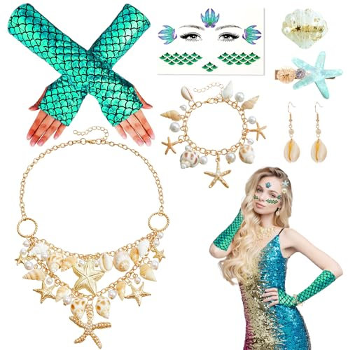 7 Stücke Damen Meerjungfrau Kostüm Set, Mädchen Unterwasserwelt Kostüm mit Fischschuppen Handschuhe Muschelkette Armband Seestern Haarnadel Ohrringe Gesichtsaufkleber für Fasching Karneval Mottoparty