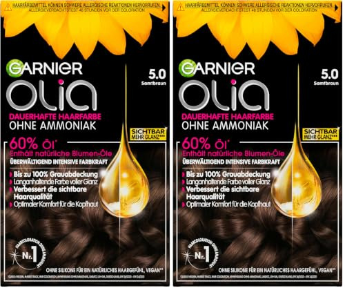 Garnier Olia 5.0 Samtbraun Dauerhafte Haarfarbe ohne Ammoniak mit pflegenden, natürlichen Ölen, Vollständige Grauhaarabdeckung, Permanente Coloration, 1 Stück (Packung mit 2)