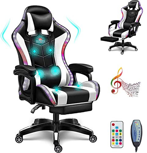 Chaise de gaming Bluetooth ergonomique avec haut-parleurs, lumière LED, repose-pieds, appuie-tête et oreiller lombaire pour le confort du bureau et des jeux