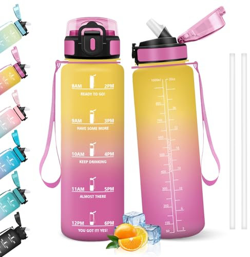 HoneyHolly Gourde 1l, Étanches, Gourde Paille, sans BPA & Réutilisable, Bouteille, Motivation Bouteille d'eau, Avec Marqueur de Temps, Water Bottle pour Gym, Ecole, Cyclisme, Plein air, Sport