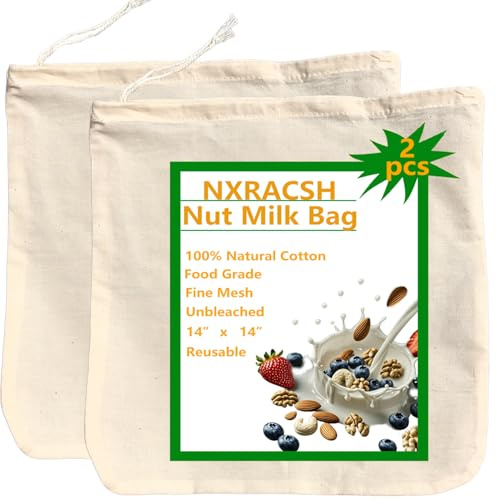 2 Pack XXL 14x14 Nut Milk Bag - Unbleached Natural Cotton Cheese Cloths | Reusable Cheesecloth Strainer for Almond/Oat/Soy Milk, Juice, Cold Brew Coffee, Yogurt, Wine, Soup | Triple Stitched
