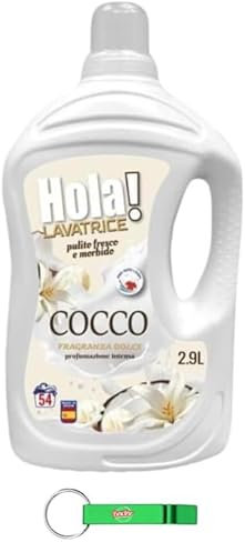 Hola Cocco - Detergente líquido para lavadora (4 unidades, aroma a coco, 54 lavados, 2900 ml, incluye llavero Beni Culinari gratuito)