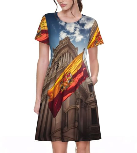 Vestidos de verano para mujer, con estampado de bandera de España, vestidos casuales de verano con bolsillo, Negro -, XL