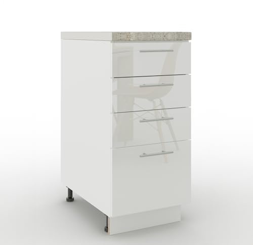 JD Greta Adjustable Kitchen Drawer Base Unit - 400mm - Drawer Cabinet with Fronts & Worktop - White Gloss