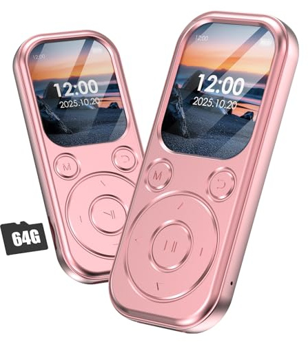 Olycism Lecteur MP3 64 Go avec Bluetooth 5.3 Lecteur de Musique Portable avec qualité sonore HiFi et Radio FM Batterie de 300 mAh Comprend des Haut-parleurs intégrés,Or Rose