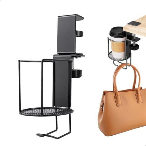 leyomgamz Getränkehalter Tisch mit 360° Drehung Schreibtisch Becherhalter Einstellbar Anti Verschütten für Schreibtisch & Regal, Flaschenhalter mit Haken, Platzsparender Cupholder für Kaffeetassen