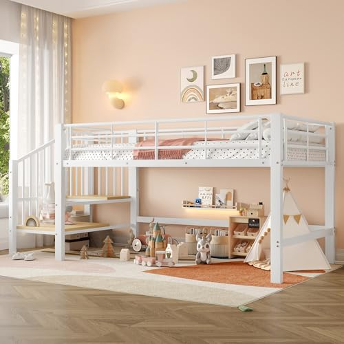 Lcoho 90 x 200 Halbhohes Hochbett mit Stauraumtreppe (Weiß)