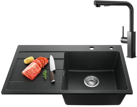 CECIPA Spüle Granit 78 x 45 cm mit Küchenarmatur Ausziehbar, Waschbecken Küche aus Granit, Küchenspüle für 45 cm breite Unterschränke, Spülbecken Einbauspüle inkl. Siphon Ab- und Überlaufgarnitur