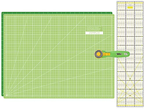 SEMPLIX Schneidematten Set - Schneideunterlage 60 x 45 cm (A2), Rollschneider Maxi 45 mm, Patchwork Lineal 60x15 cm (hellgrün/grün)