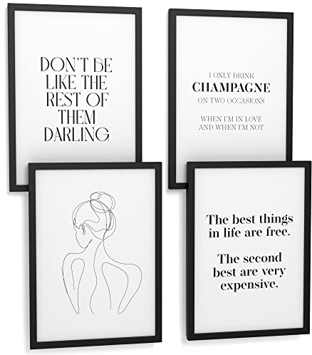 Papierschmiede® Premium Spruchposter Set 4er DIN A4 (21x30 cm) Motiv: Coco Champagne, Fashion Quote, Poster mit Sprüchen, Coco Bild, Wanddeko mit Spruch fürs Wohnzimmer Schlafzimmer ohne Rahmen