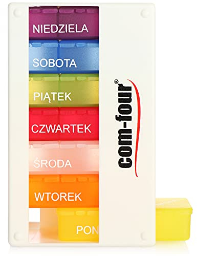 COM-FOUR® Medikamentendosierer auf POLNISCH - Medikamenten-Box für 7 Tage - 3 Fächer - Pillendose - Pillenbox - Tablettenbox - Wochendosierer zur Aufbewahrung [POLNISCH] (Weiß)