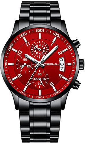 CRRJU Montre chronographe étanche en acier inoxydable pour homme avec date et bracelet en acier inoxydable, noir/rouge, Chronographe, chronographes