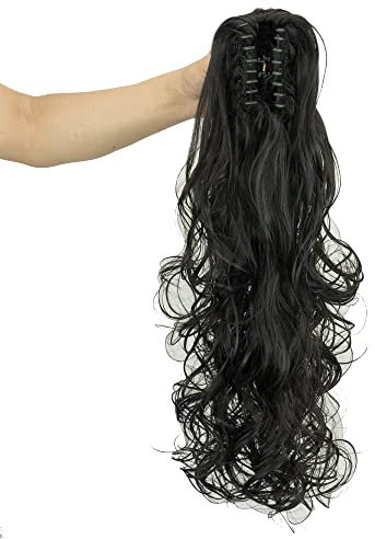 IMISSU 24 Zoll langes dickes Chaotisch gelockte Kieferklaue Pferdeschwanz-Haarteile Verlängerungen Pferdeschwanz Clip im Haarteil (Schwarz)