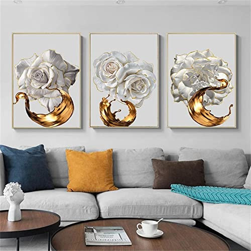 TROYSINC 3er Set Premium Poster,Weiße Rose,Goldene Tinte Splash, Ohne Rahmen,Stilvolle Wand Deko für Schlafzimmer Wohnzimmer (50 x 70 cm)