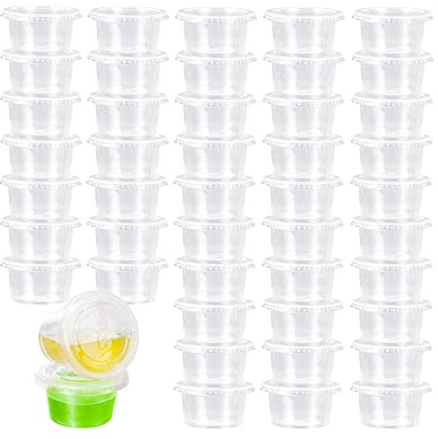 Lot de 75 pots à sauce transparents de 56,7 g, petits pots de rangement avec 75 couvercles, récipients alimentaires ronds en plastique pour chutney, ketchup, yaourt, mousse, gelée, dessert, petites