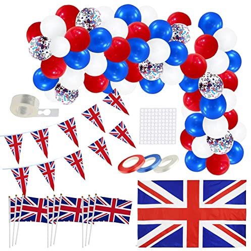 PW TOOLS -Dekorationen mit Union Jack-Motto | VE Day Dekorationen Union Jack Partyzubehör,Union Jack Stick Flags und rot/blau/weiße Luftballons für VE Day Queen's Platinums Jubilee 2022