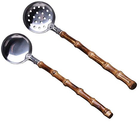 Dinner Spoons/Tablespoons Ladle Suit Serving Ladle and Colander Gravy Ladle with Long Bamboo Handle Kitchen Tool Spoons for Home/Spoons for Dessert