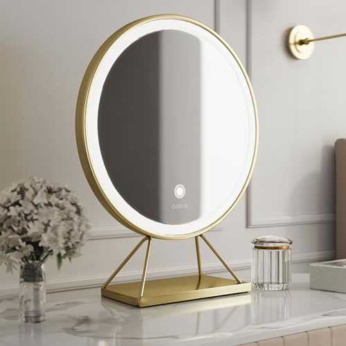 CARME Desktop Vanity Illuminated Makeup Mirror with Touch LED Lights Sensor Dimmable Brightness Lighted Ring Dresser Mirror Gold Frame and Stand (Lucia)