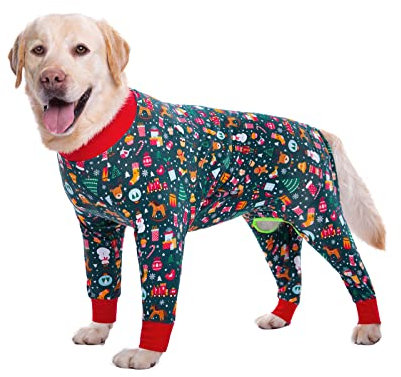 BT Bear Large Dog Clothes, Elastic Pet Onesie Clothes Protect Joints Anti-hair Anti Licking, Wound Protection Pet Pajamas PJS Dog Jumpsuit For Medium Large Dogs(4XL,Green Christmas)