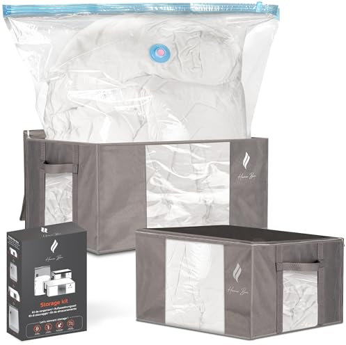 HOME BOX®- Kit de Sacs de Rangement Sous Vide - 2 Sacs Sous Vide + 2 Sacs de Rangement en Tissu 40 & 72 L - Housses Solides & Durables - Solution de Rangement pour Vêtement, Duvet, Couette & Oreiller