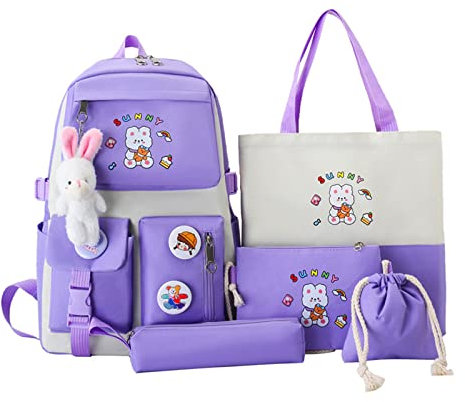 Myyunhx Rucksack für Mädchen Set von 5 Leinwand Schulmädchen Rucksack Kawaii versammelte Rucksack mit Plüsch Kaninchenanhänger und Cartoon Aufkleber Kinder Plüsch Rucksack für Teen Mädchen (Lila)