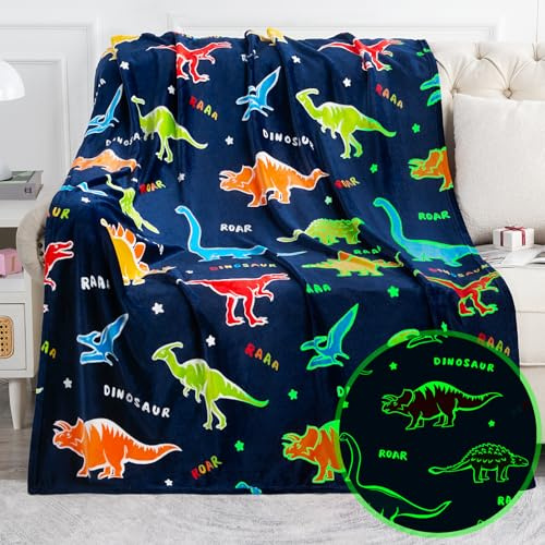 Jekeno Dinosaur Glow in The Dark Blanket Dino Gift Throw for Kids Boys Girls Birthday Christmas Halloween Easter Decor for Age 1-16 Years Old Teens Child Toddler Son Throw Navy Blue 50x60