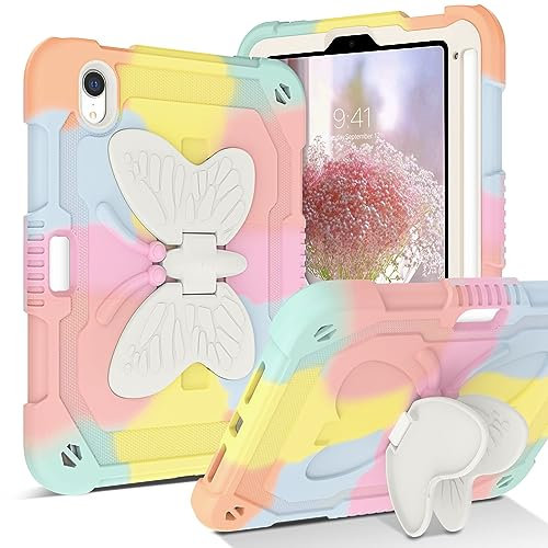 YINLAI Custodia per iPad Mini 7 2024/iPad Mini 6 Generazione 2021 Camo Due Strati Bumper Antiurto Farfalla Stand Protettiva Full Body Kid Cover Case per iPad Mini 7a/6a 8.3 pollici, Colorato Oro Rosa