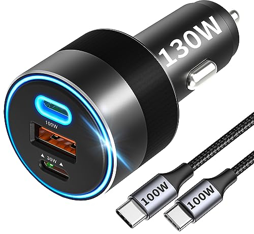 130W USB C Auto Ladegerät, Kfz-Ladegerät 3-Port PD 100W PD3.0/QC4.0/PPS Schnellladeadapter mit 100W USB C Kabel, kompatibel mit iPhone 14/13/12, Galaxy S23/S22/S21/Note20, iPad, Tablet, Laptop