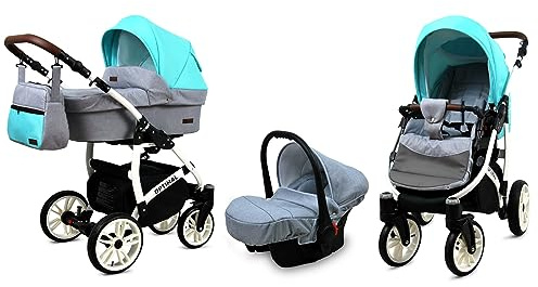 BabyLux® Kinderwagen Set 3 in 1 - Optimal - incl. Babywanne, Buggy Sportsitz, Auto-Babyschale - Autositz - Kinderwagenset - Kombikinderwagen mit Wickeltasche, Regenschutz usw.