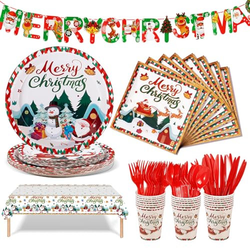 Nkaiso 142 Stück Weihnachten Geschirr Weihnachten Pappteller Partygeschirr Set Weihnachten Deko Set Mit Tellern, Geschirr, Tischdecken, Pappbecher, Für Weihnachten Party -20 Gäste