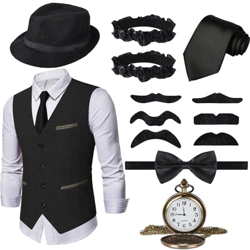 Ulikey 20er Jahre Accessoires: 1920er Mafia Kostüm Herren Set mit Westen & Verschiedenen Accessoires für Halloween, Karneval (Schwarz, XXXL)