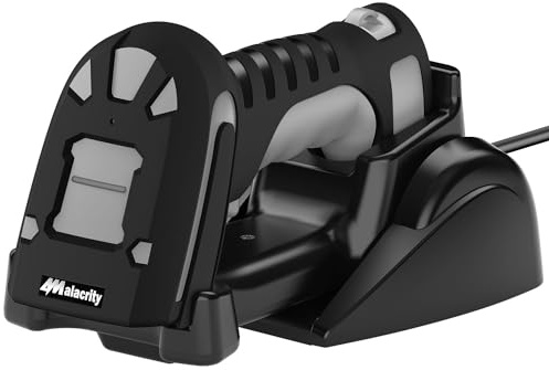 Alacrity Long Distance 1D 2D Industrial Barcode Scanner, Wireless Charging Cradle, 433Mhz Wireless & Bluetooth Barcode Reader, Shock Dust Proof Hands Free, Grey