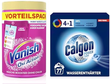 Calgon 4 in 1 Power Tabs - Wasserenthärter gegen Kalkablagerungen - 77 Tabs & Vanish Oxi Action Pulver Pink – 1,65 kg – Fleckenentferner und Wäsche-Booster Pulver ohne Chlor – Für bunte Wäsche