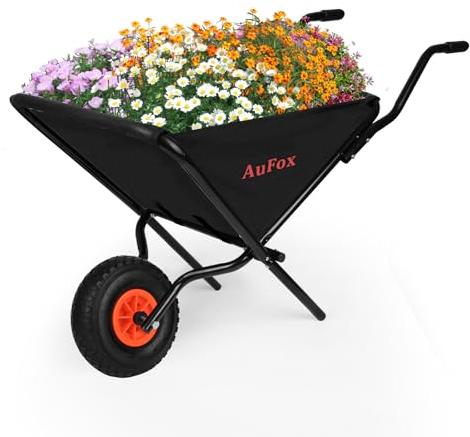 AuFox Collapsible Wheelbarrow, Foldable Yard Cart Easy Loading and Dumping Garden Cart Thickened Oxford Cloth Lawn Cart 176 lbs Capacity for Soil,Grass, Leaf, Garden Supplies, Black