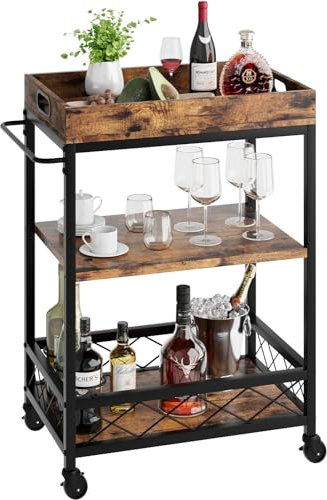 HAUSPROFI Servierwagen 3 Ebenen, Küchenwagen, Servierwagen mit Rollen, Barwagen mit Weinregal, Rollwagen Küche, Küchenregal, Stahlrahmen, Industrie-Design, Vintage Braun