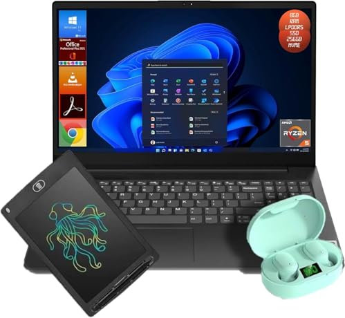 Lenovo Notebook V15, Display Pc Full HD da 15,6, Cpu Ryzen 5 7520U, Ram 8GB, Ssd NVMe 256GB, Windows 11 Pro, Office 2021 Pro Plus, TAVOLETTA GRAFICA + AURICOLARI, Portatile Pronto All'Uso