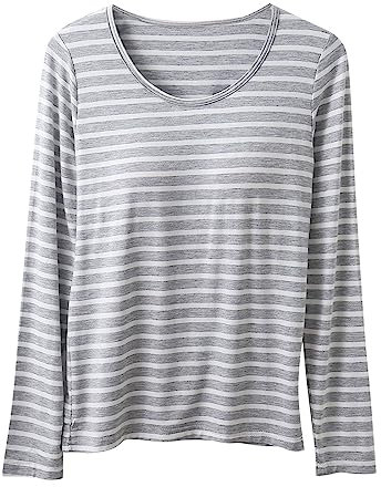 FunAloe Long Tops for Women UK Sale Home Wear Pajama Comfortable Tunic Tops Long Sleeve Funny Tshirts Striped Blouse Crewneck Holiday Clothes Loose Fit Built in Bra Tee Shirt Clearance