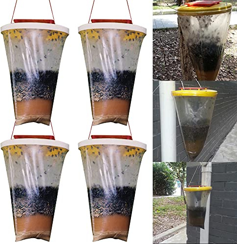 AVCXEC 4 Pack Red Top Fly Traps, Disposable Horse fly trap Outdoor, Non-Toxic 1fly Catcher Outdoor, Hanging fly Trap with 1Fly Bait, 1Fly trap Bags, fly Bags Traps Outdoor for Farm, Garden, Horse Barn