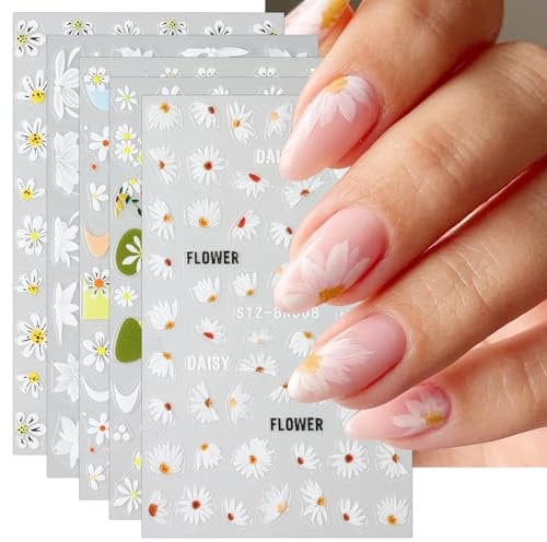 JMEOWIO 6 Sheets Flower Nail Art Stickers Decals Self-Adhesive Daisy Spring Summer Colorful Floral Nail Supplies Nail Art Design Decoration Accessories
