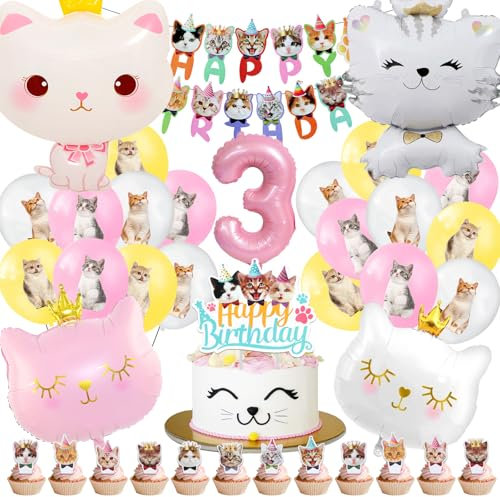 Katzen Geburtstag Ballons 3 Jahre,51 Pcs Katzen Geburtstagsdeko Junge Mädchen,Katze Kindergeburtstag Party Deko,Katze Luftballons Helium,Haustier Tiere Geburtstag Dekoration Supplies