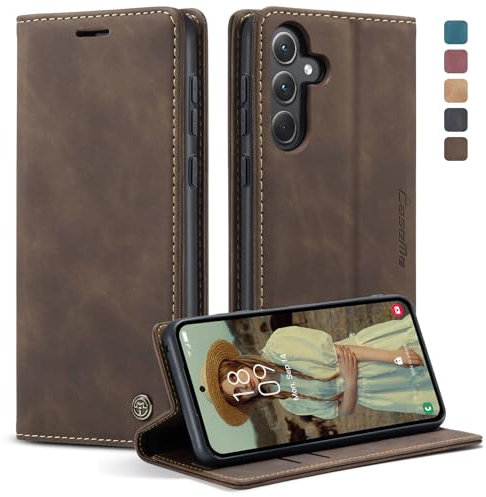 owlhold Handyhülle für Samsung Galaxy A35 5G Hülle, Premium Lederhülle Weiches Vintage-Nubukleder Faltbare Ständer Klapphülle Kartenfach Standfunktion stoßfest Schutzhülle für Samsung A35 -Kaffee