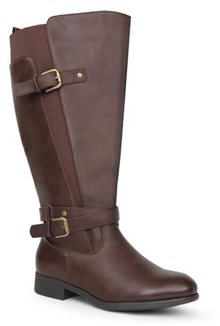 Chicblooms Stivali da equitazione da donna con gambo extra largo, tacco basso, cinturino alla caviglia, design sottile, stivali alti al ginocchio, marrone, 41 EU