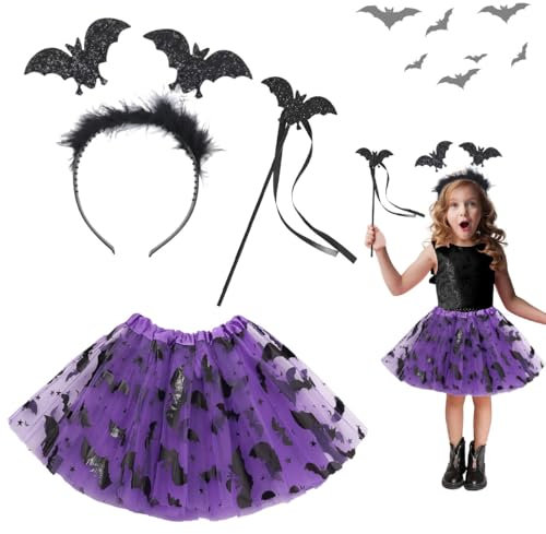 Costume da Strega Bambina, Halloween Costume da Strega per Ragazza, Travestimento Strega Bambini con Gonna Tutu Bambini, Bacchetta e Cerchio per Capelli, Regalo per Halloween Carnevale Cosplay