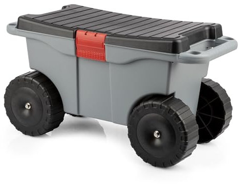 Pure Garden Rolling Garden Cart with Seat - Plastic Storage with Bench and Interior Tool Tray - Gardening Stool for Weeding and Planting (Gray)